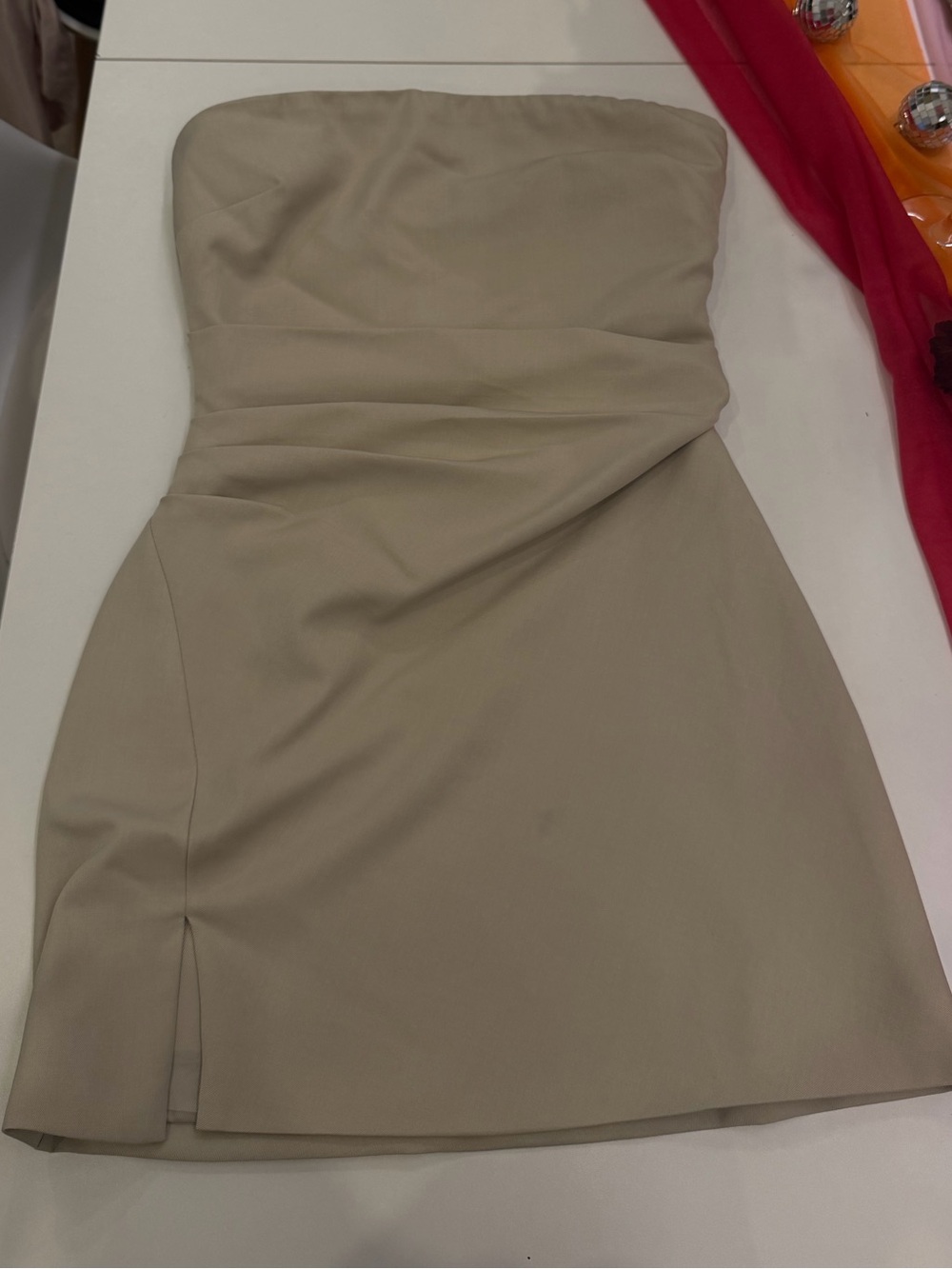 Line & Dot Strapless Taupe Mini Dress